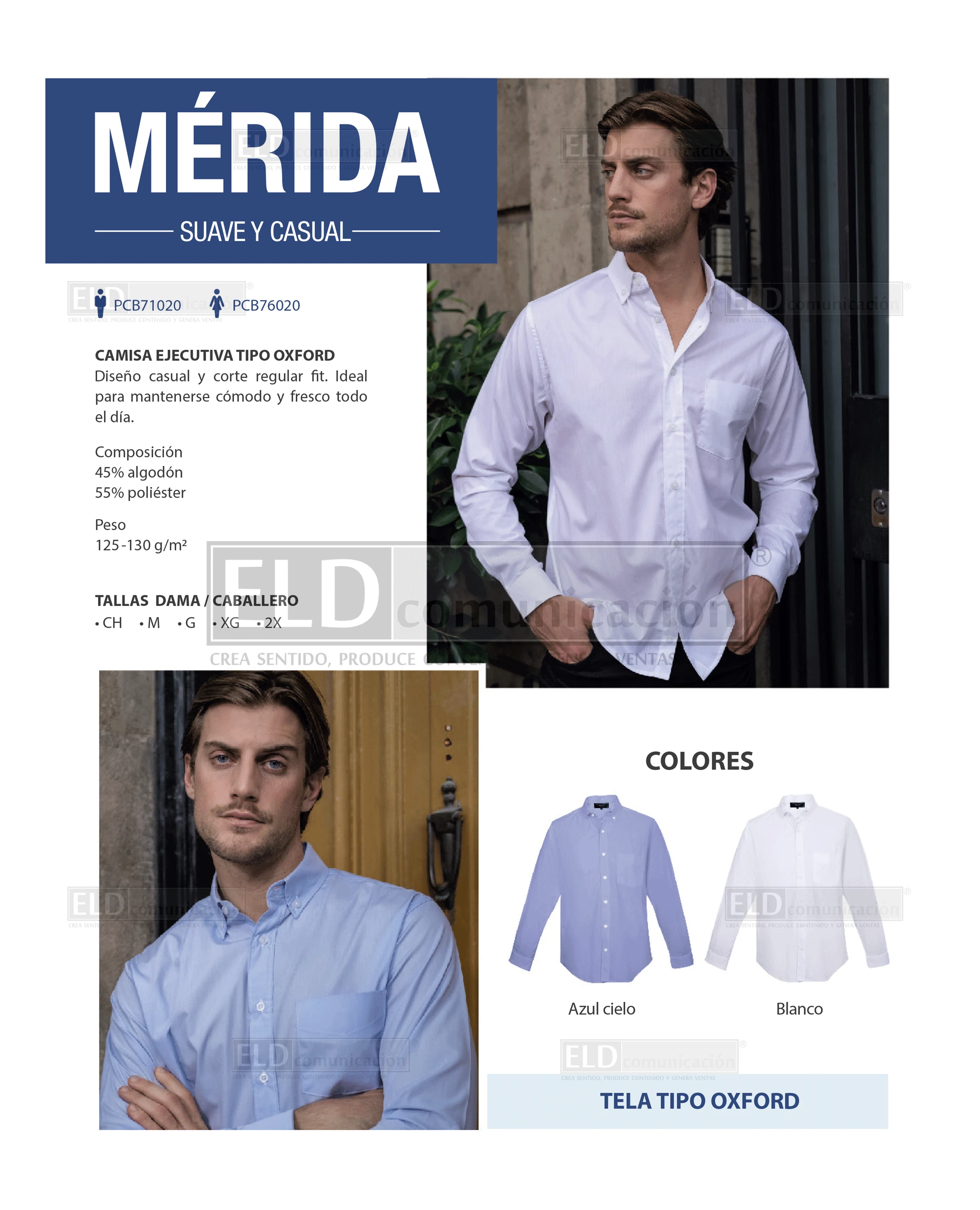 Camisa de vestir oxford para dama y caballero modelo merida