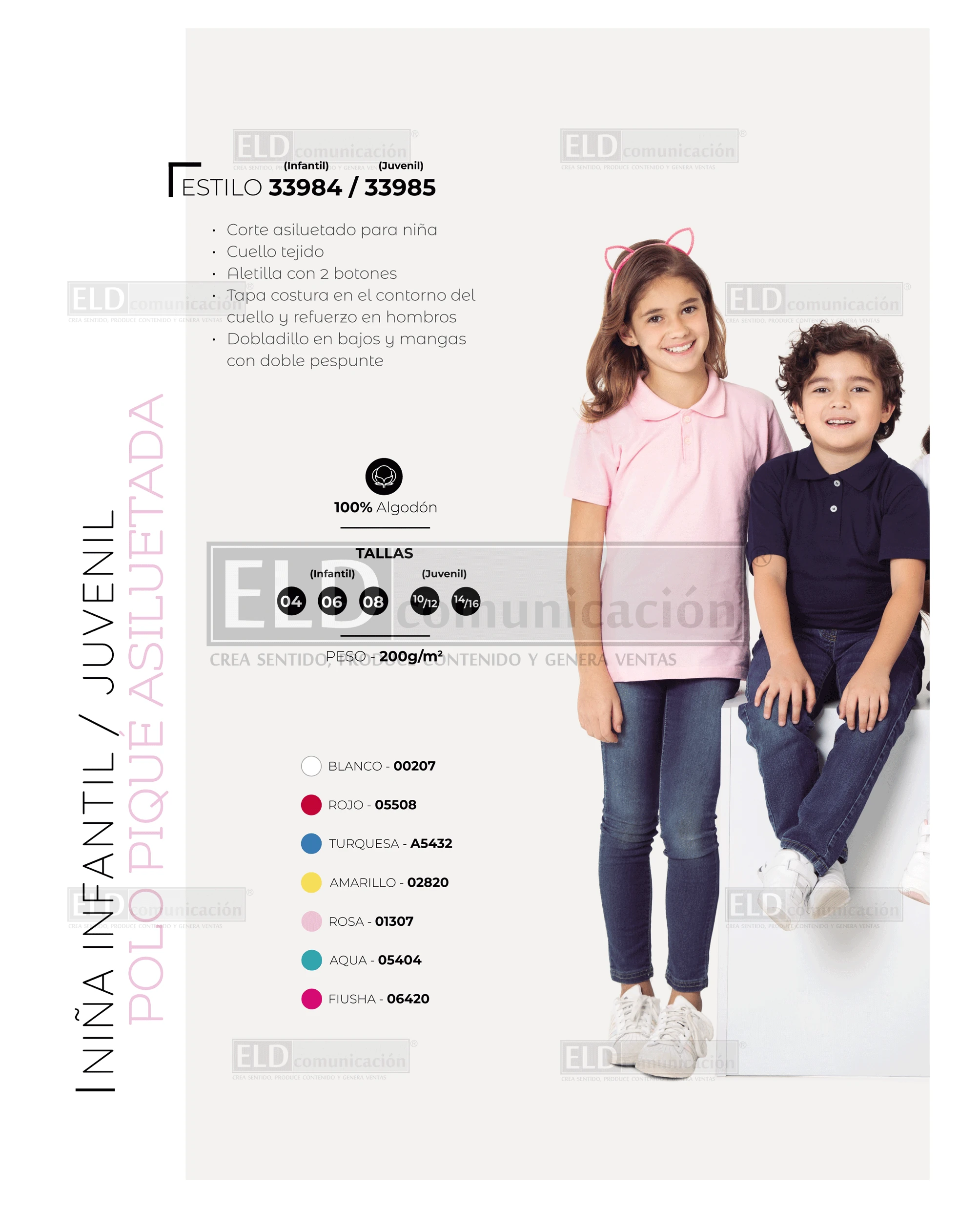 Camisa polo pique optima infantil con silueta modelo 33984 y 33985