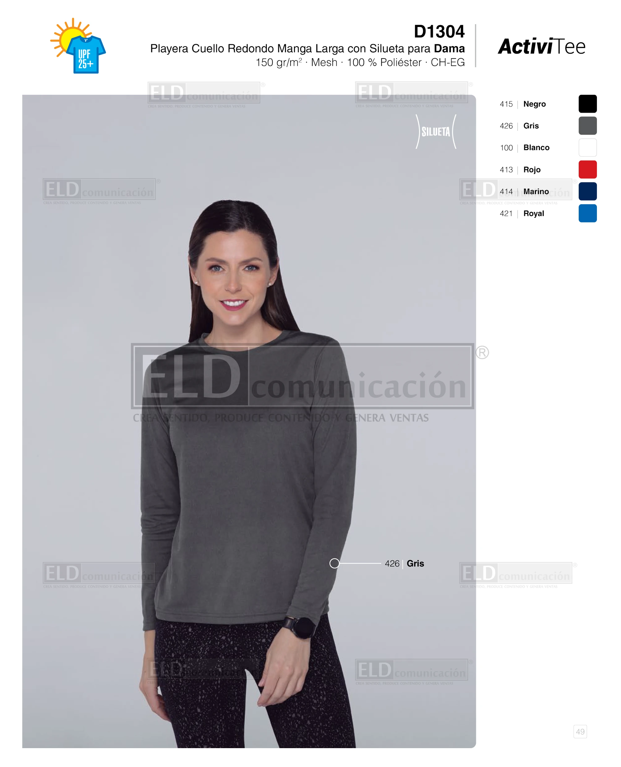 Playera activi tee yazbek para dama cuello redondo manga larga modelo D1304