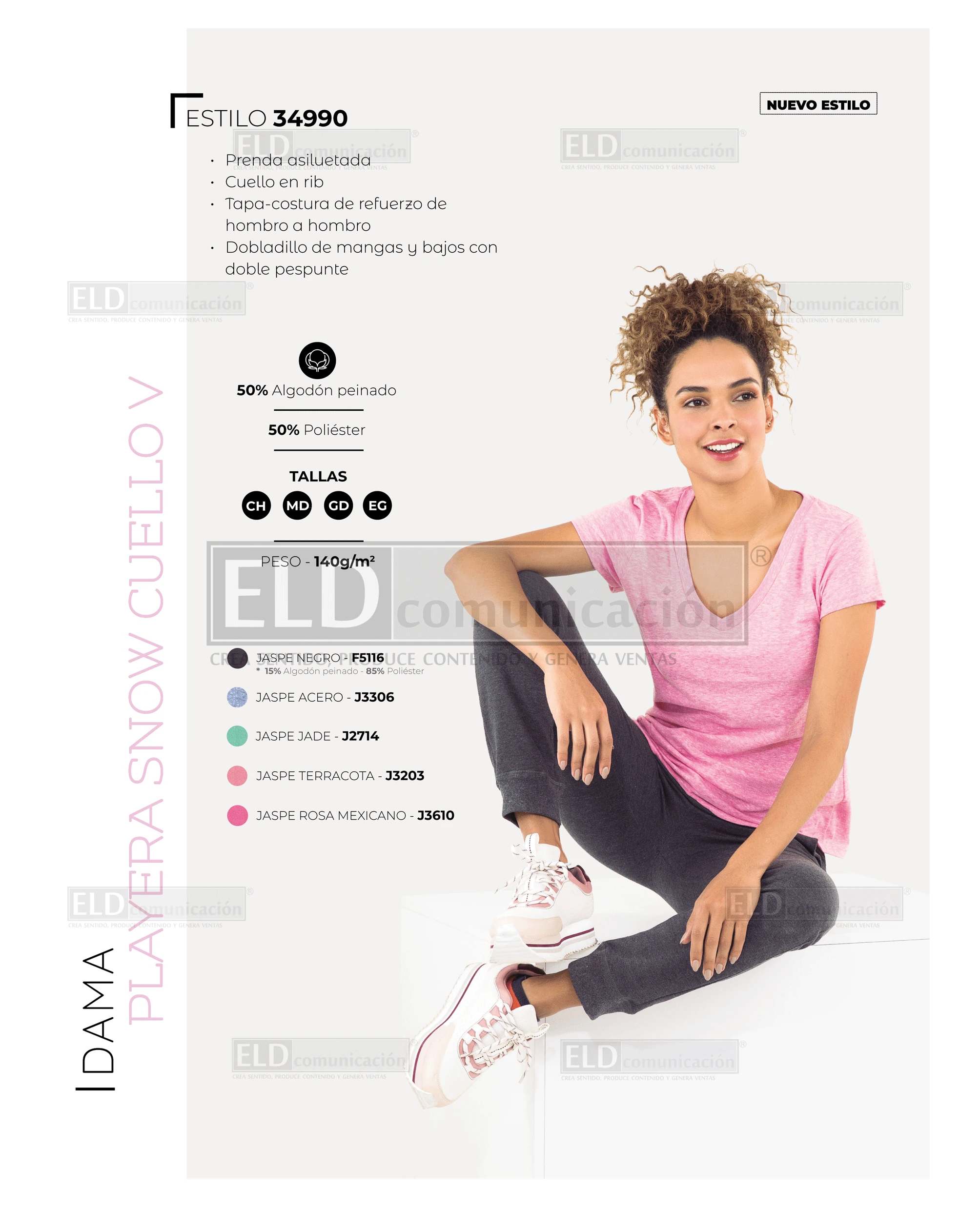 Playera optima para dama cuello v con silueta snow modelo 34990