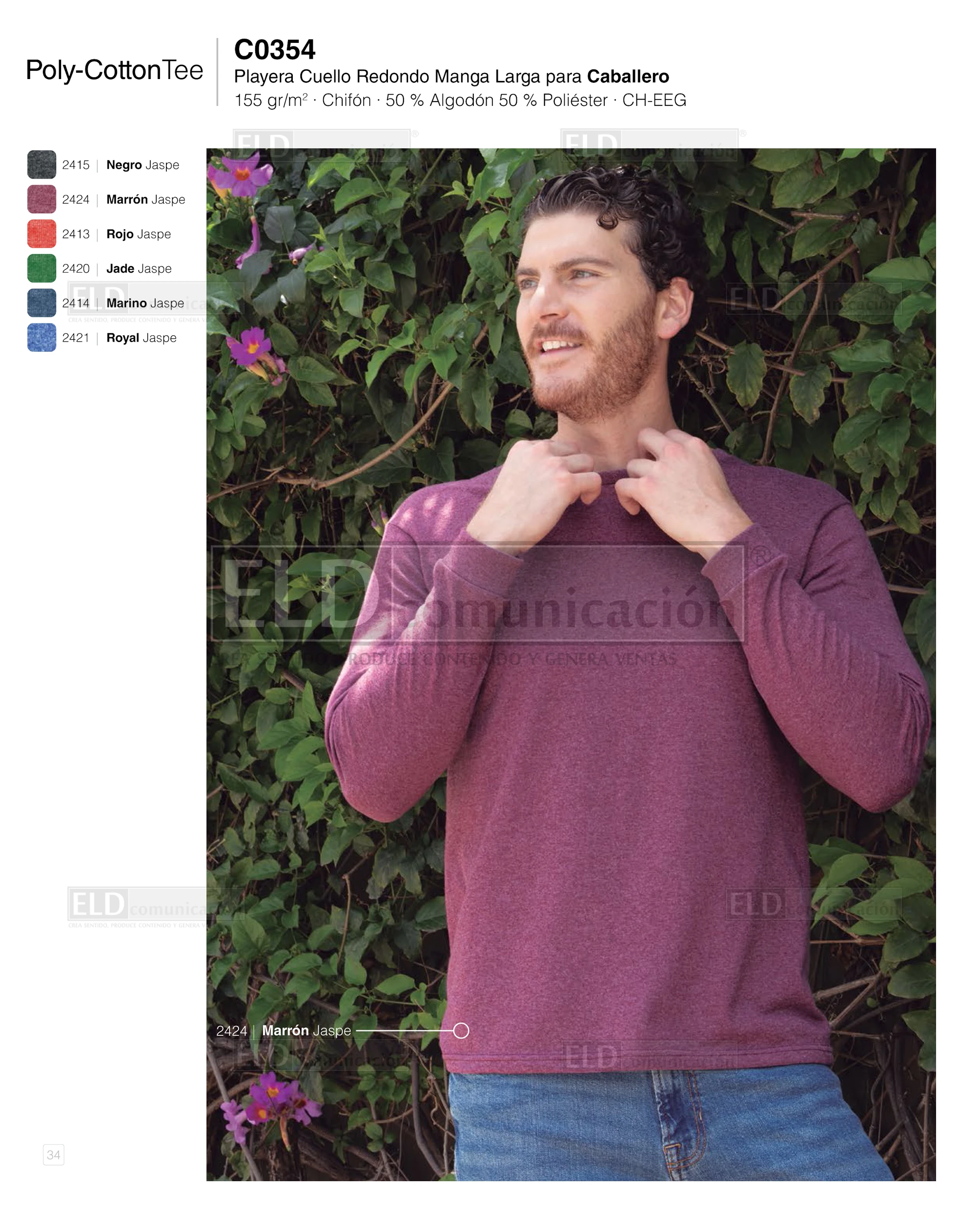 playera poly cotton tee yazbek para caballero cuello v manga larga modelo C0354