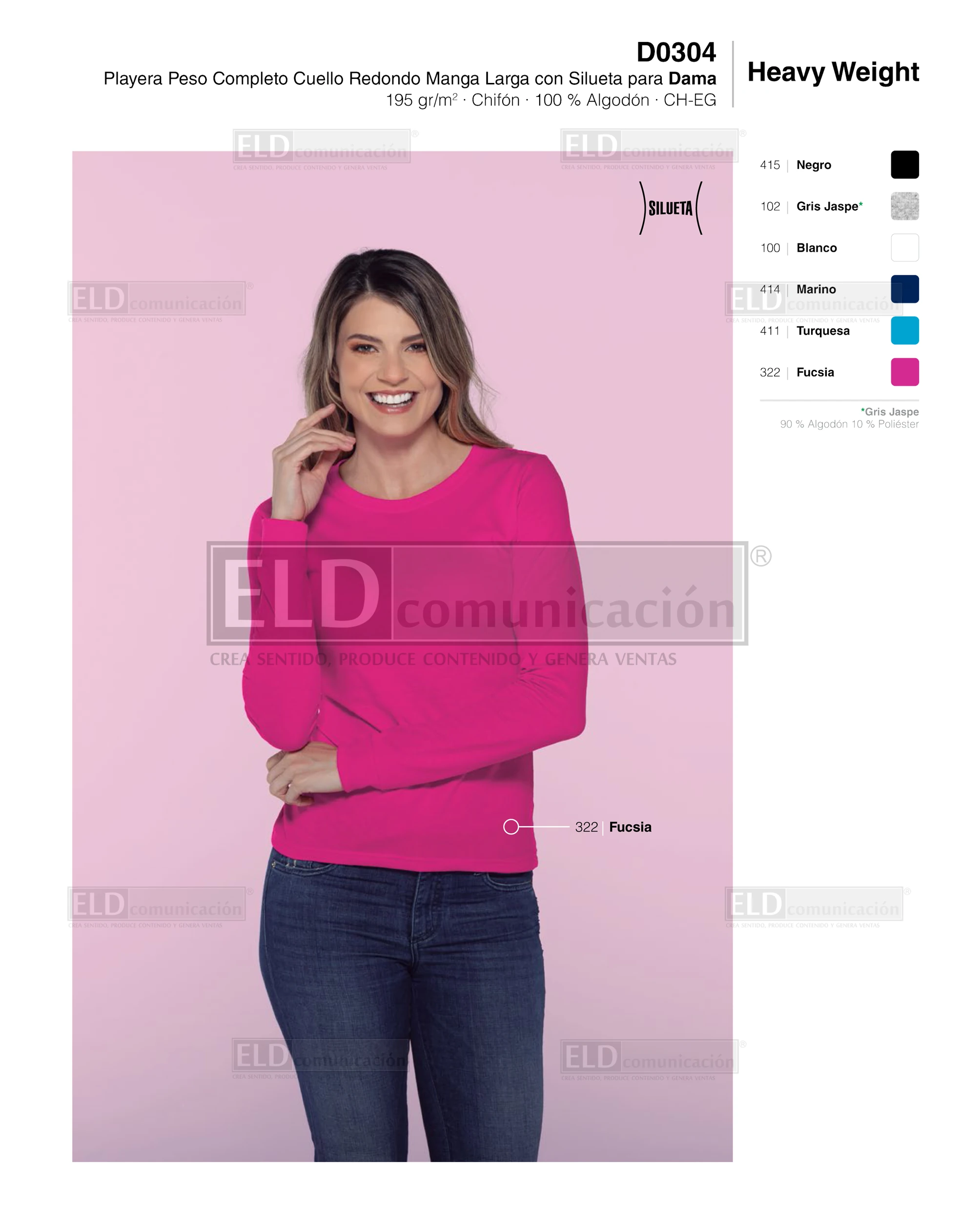 Playera yazbek para dama peso completo cuello redondo manga larga modelo D0304