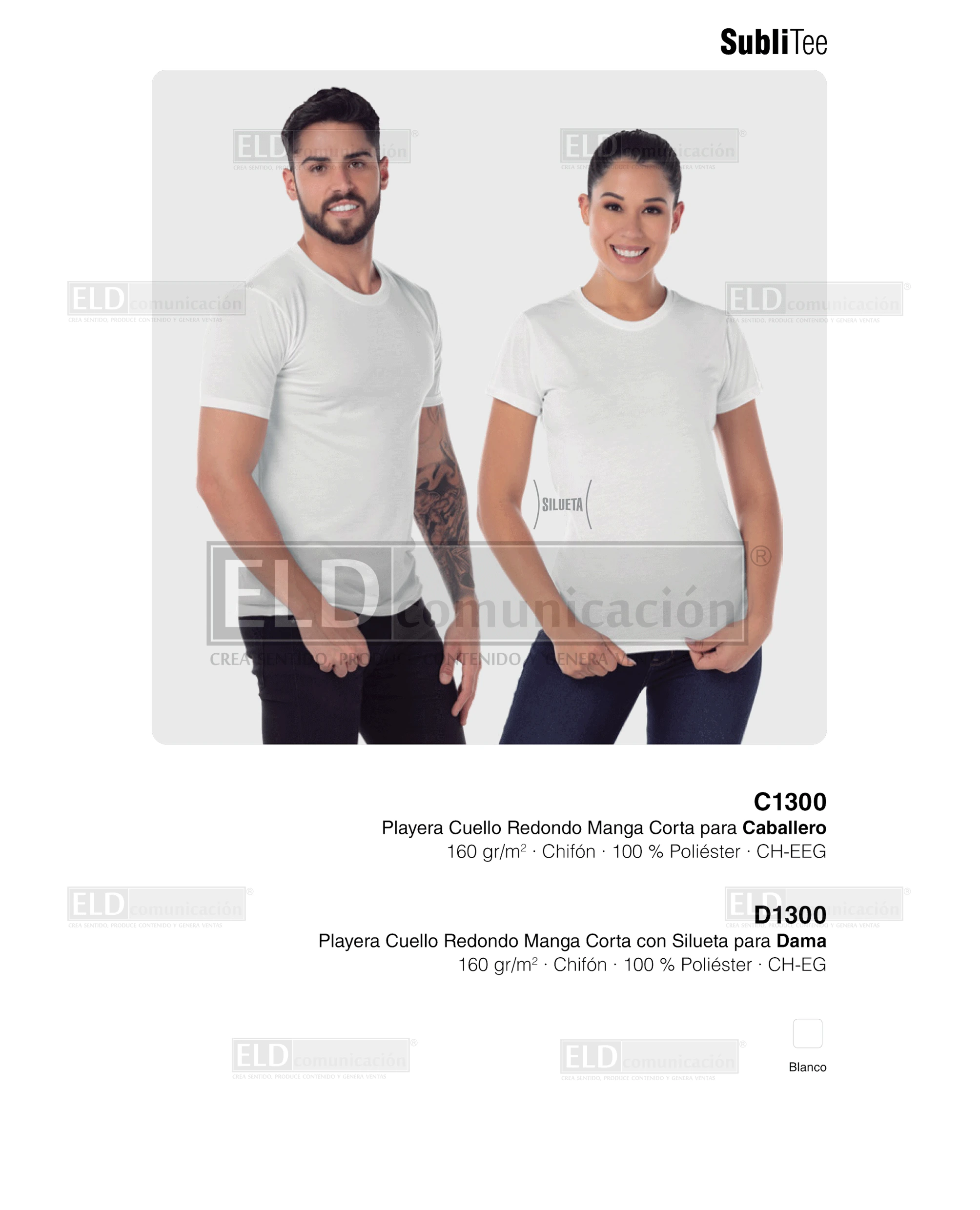 Playera yazbek para dama y caballero para sublimar cuello redondo manga corta modelo C1300 D1300